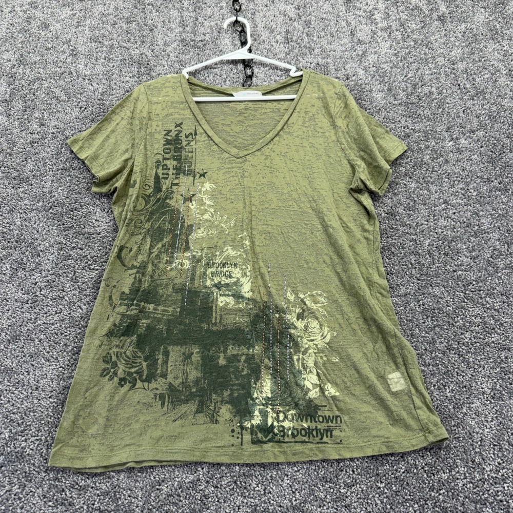 Maurices Graphic T Shirt Womens 1 Green New York Brooklyn Bridge V Neck
